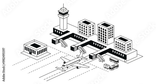Modern Airport Terminal Building with Control Tower and Airplane.
