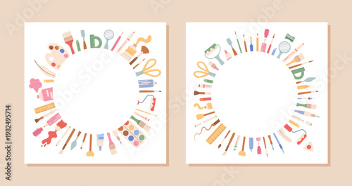 Set of paint craft tool template on soft white square background. Circle frame of art supply with brush, palette, paint, watercolor and pencil. Ideal for creative school class, workshop or hobby