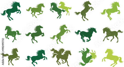 Green Horse Silhouettes Collection: Dynamic Galloping and Rearing Equine Poses