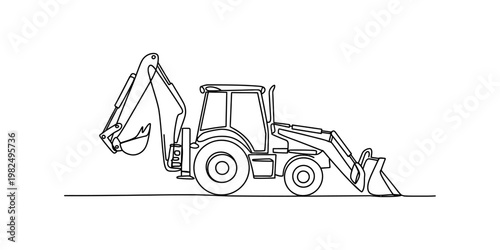 A single continuous line drawing of a backhoe loader tractor used in construction and excavation Vector, illustration