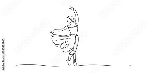 A minimalist single line drawing of a graceful ballerina dancing on stage in a fluid motion style Vector, illustration