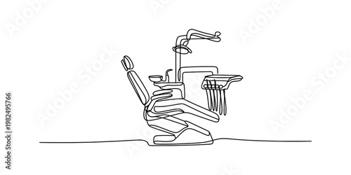 A single continuous line drawing of a professional dental chair with medical equipment attached Vector, illustration