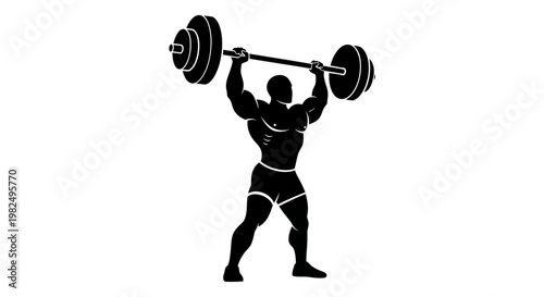 Muscular man lifting heavy barbell overhead, weightlifting silhouette, strength and fitness concept