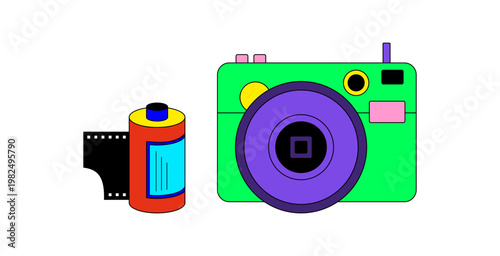 Retro camera icon in cool pop flat style. Vintage film camera stands as technology symbol with y2k vibe. Pop graphic in flat colors, suitable for trendy visual projects.