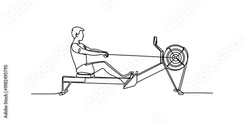 A continuous line drawing of a person using a rowing machine for a workout in a simple style Vector, illustration