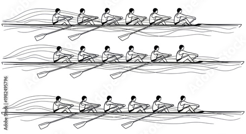 Rowing Team Synchronized Oars Water Sport Competition