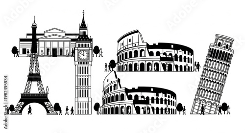 Famous European Landmarks Silhouette Collection.