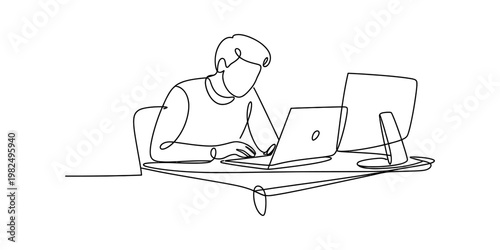 Continuous line drawing of a focused person working at a desk with a laptop and a computer monitor Vector, illustration