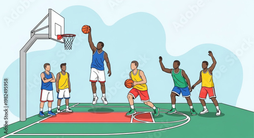 Basketball players in action during a game on court.