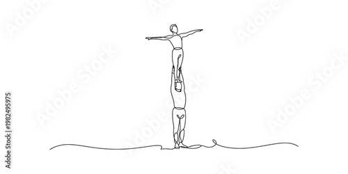 A single line drawing of two acrobats performing a balance feat against a plain white background Vector, illustration