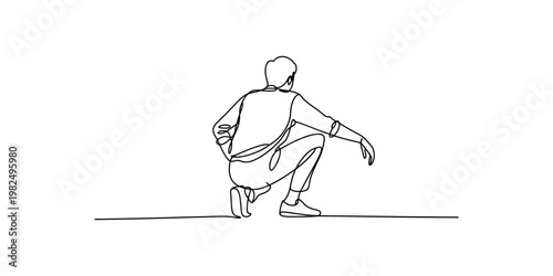 A single continuous line drawing of a person crouching down while looking at something on ground Vector, illustration