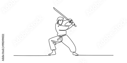 Continuous line drawing of a martial artist holding a katana sword in a defensive fighting stance Vector, illustration