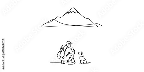 A minimalist single line drawing of a hiker with their loyal dog looking up at a distant mountain Vector, illustration