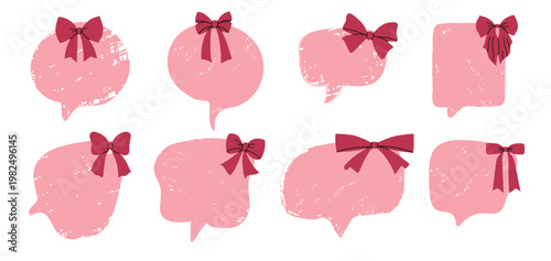 Pink speech bubbles set with red bows and grunge texture. Vector collection of hand-drawn talk clouds, chat frames and message boxes in Coquette aesthetic for girls blog, social media posts and romant
