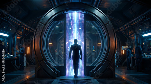 A lone figure stands on the precipice of an unknown journey, bathed in the ethereal glow of a futuristic transport portal within an advanced science fiction facility