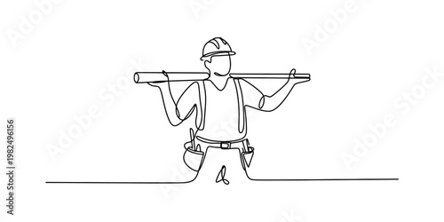 A single continuous line drawing of a construction worker carrying a long plank on his shoulders Vector, illustration