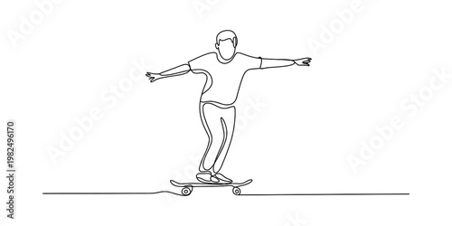 A single continuous line drawing of a male figure balancing carefully while riding a skateboard Vector, illustration