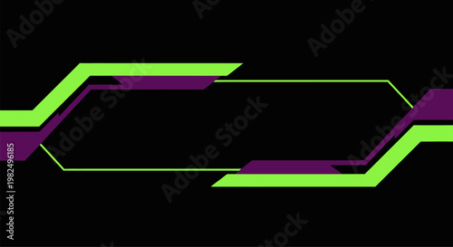 Futuristic abstract frame design featuring vibrant lime green and deep purple geometric lines, dynamically intersecting to create a swift, modern digital background graphic