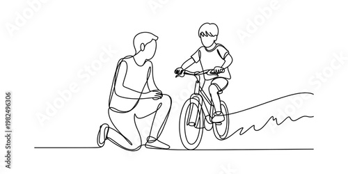 A continuous line drawing of a father teaching his young son how to ride a bicycle in the park Vector, illustration