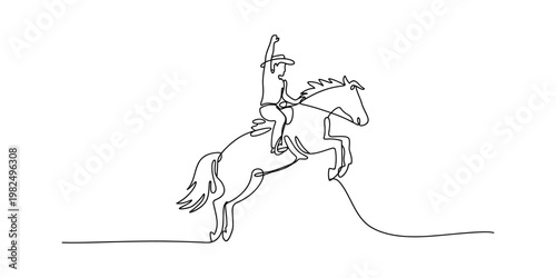 A single continuous line drawing of a cowboy riding a bucking horse with his arm raised in victory Vector, illustration