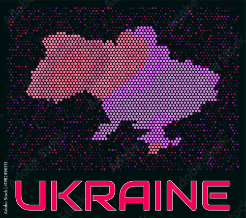 Ukraine digital style hexagon map. Vibrant magenta purple pink neon dotted shape. Country tiny bright hexagon cells. Ukraine honeycomb map design. Stylish Vector Illustration.