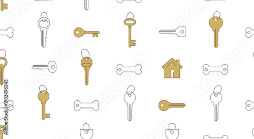 Seamless pattern featuring hand drawn golden keys and house icon.