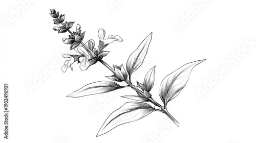Black and White Sketch of a Detailed Flowering Plant Stem