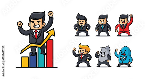 Cartoon businessman celebrating success on growth chart