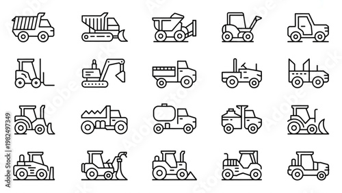 Assorted vintage-style vehicles and machinery icons in black and white Vector