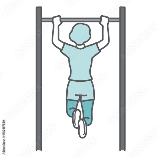 鉄棒で懸垂をして背中を鍛えているシニア女性の後ろ姿のイラスト