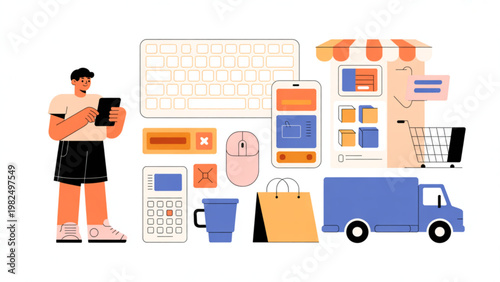 Couple shopping in a colorful grocery store aisle with various products Vector