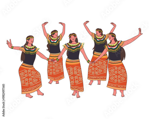 A lively performance of Dayak teenage dancers in colourful tribal attire with ornate jewellery. A celebratory clip art of Indonesia's cultural diversity and ethnic friendship.