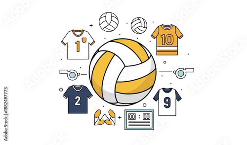 Vector Set of Volleyball Equipment, Jerseys, and Ball for Sports, Team, and Competition Designs