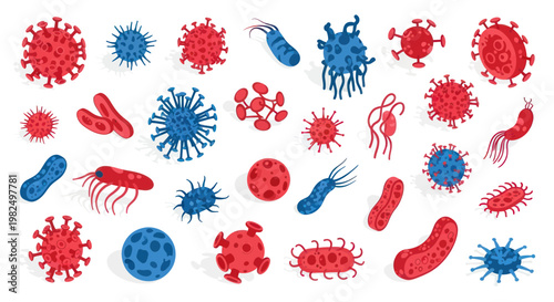 Microscopic Microbes Collection: Bacteria, Viruses, Germs - Red and Blue