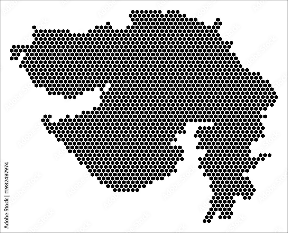 Obraz premium Gujarat hexagon map. Plain black and white dotted shape template. State tiny hexagon cells. Gujarat flat honeycomb template. Vector Illustration.