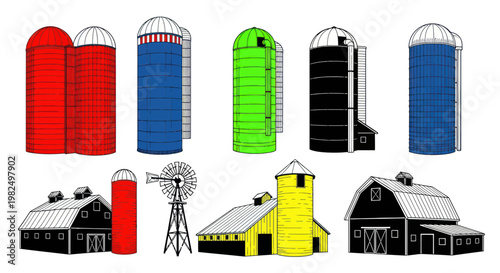Farm Silos and Barns Collection: Colorful Rural Agricultural Buildings