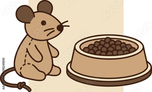 Cartoon mouse sitting beside food bowl.