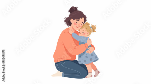 Affectionate Mother Kneeling to Hug Her Little Daughter Parenting Concept Flat Vector Illustration