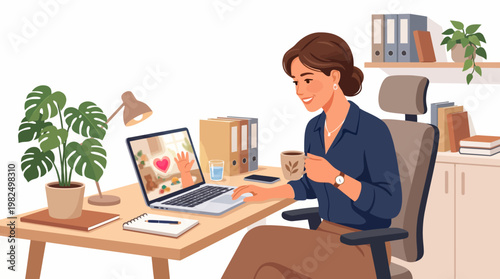 Smiling Working Mother Having Video Call with Child on Laptop at Cozy Home Office Desk Work Life Balance Flat Vector