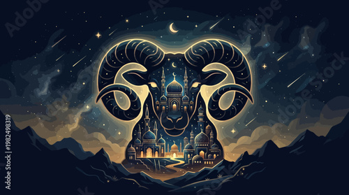 Eid Al Adha Ram Mosque Silhouette Vector