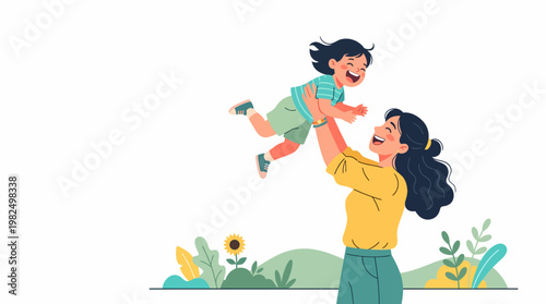 Happy Mother Lifting Child Vector Illustration Isolated