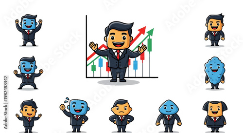 Businessman character set with business growth chart