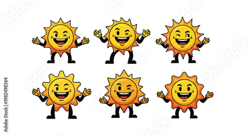 Cartoon sun characters smiling posing vector illustration