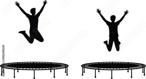 Silhouette of person jumping on trampoline with raised arms energetic motion