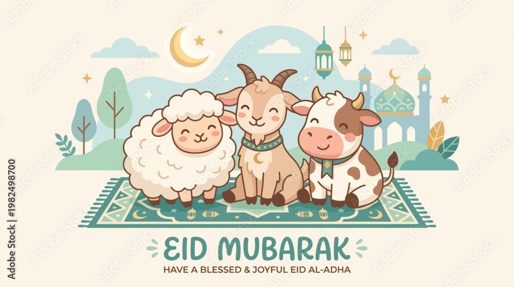 Fototapeta premium Cute Eid Al Adha Qurban Animals Greeting Vector