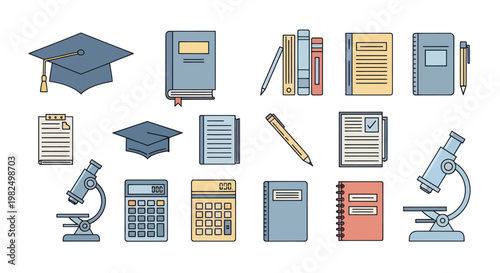 Collection of flat line art education and science icons for school and academic study