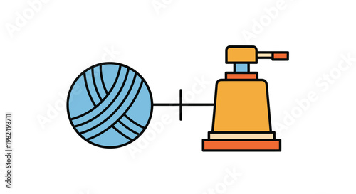 Illustration of a yarn winder and a ball of blue wool for knitting and crochet