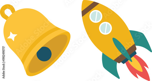Cartoon bell and rocket illustrations set with bright colors and playful design