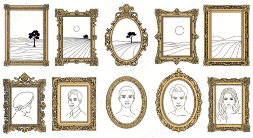 Elegant collection of vintage picture frames with line art portraits and landscapes