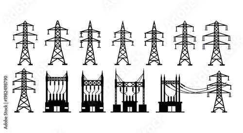 Electricity transmission pylons and substations set, vector illustration.